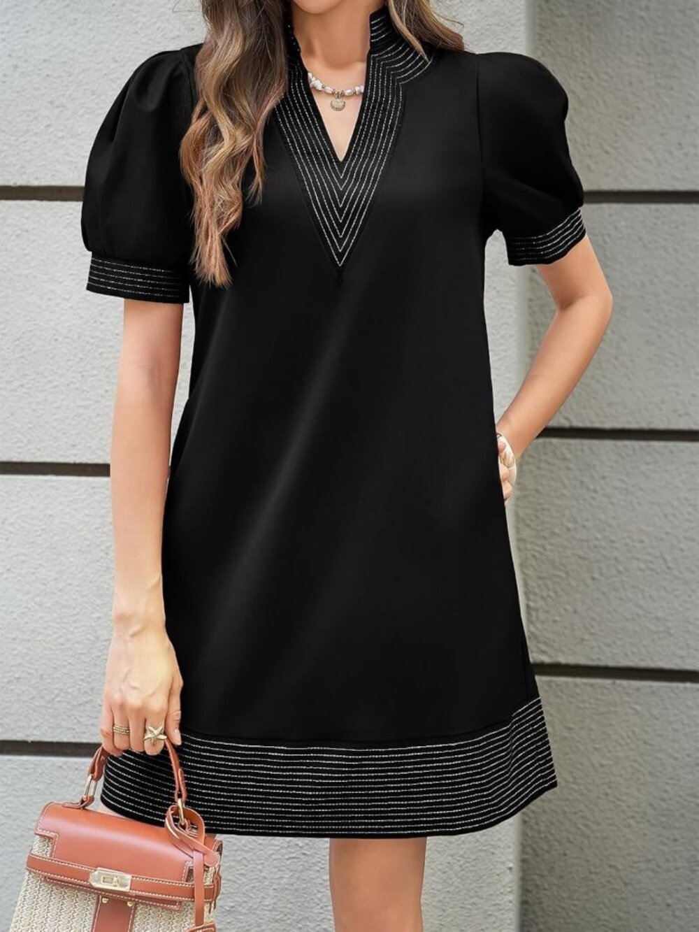 Boho Mini Shift Dress for Women | Summer V Neck Puff Short Sleeve Style - Picture 2 of 5